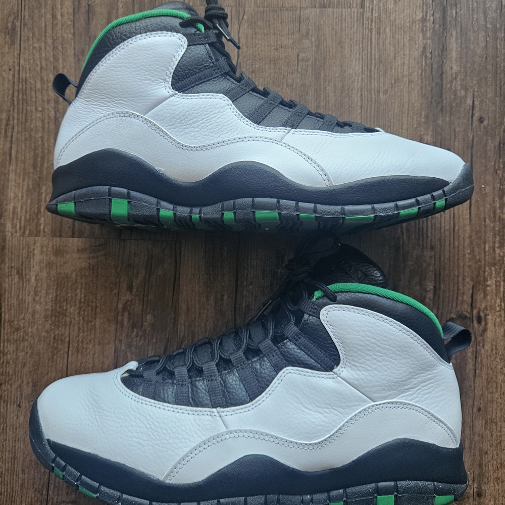 Jordan White and Black Sneakers with Green Accents